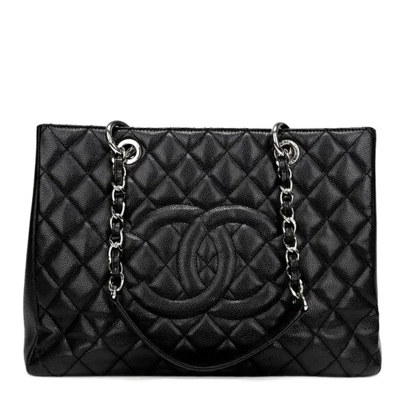 Authentic CHANEL GST Caviar Grand Shopping Tote Quilted Chain Shoulder Bag Purse